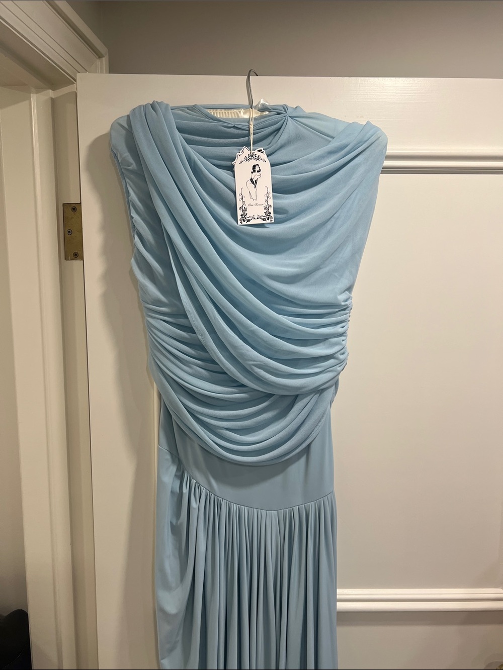 Soft Blue Draped Maxi Evening Dress carhrin dress